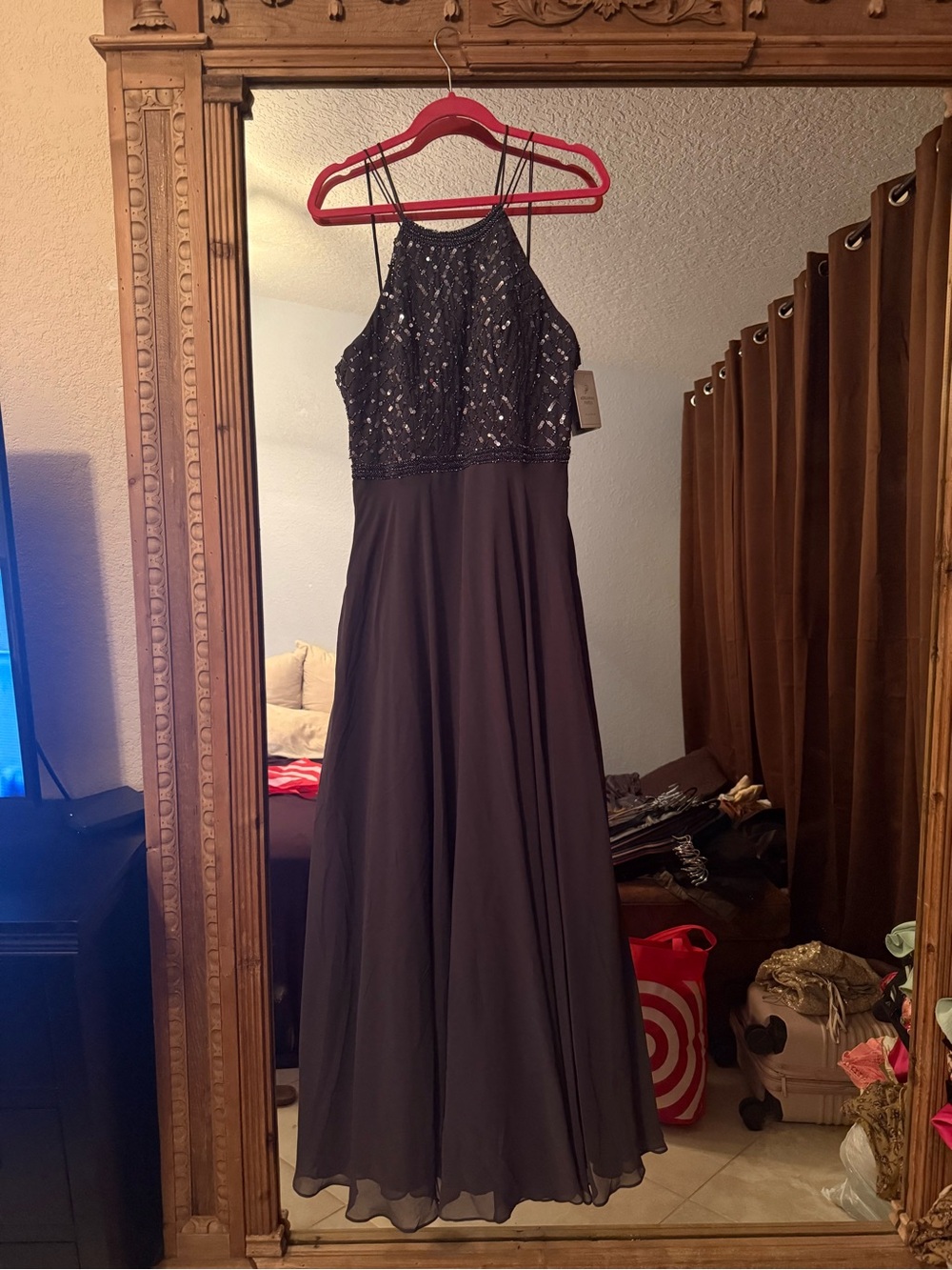 Adrianna Papell Black Beaded Halter Evening Gown